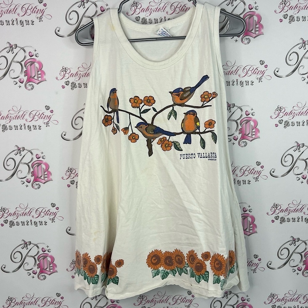 Yallarta tank top vintage puerto Vallarta birds Floral Bird Graphic Tank Top
